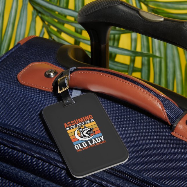 Old Lady Dog Warning Retro Luggage Tag (Front Insitu 1)