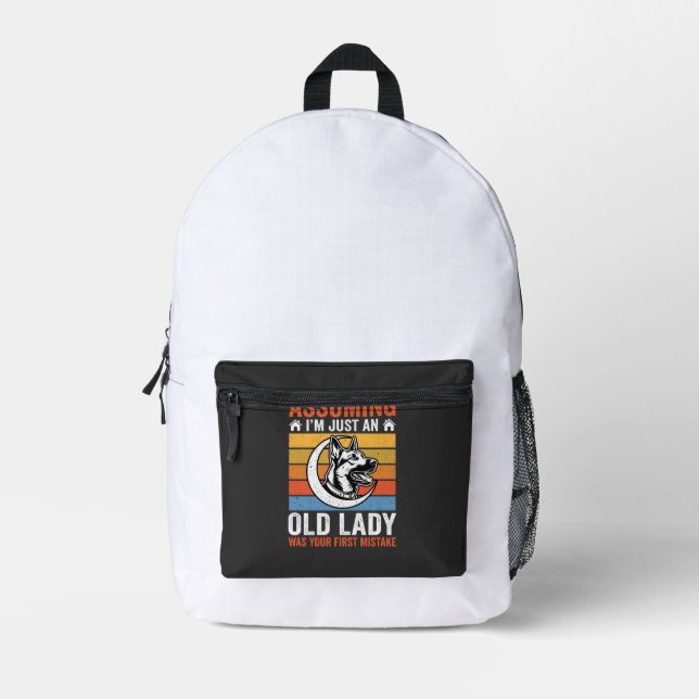 Old Lady Dog Warning Retro Printed Backpack (Front)