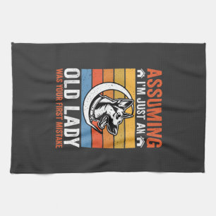 Old Lady Dog Warning Retro Tea Towel