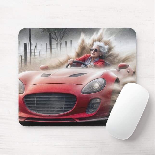 Old Lady Driving a Red Sports Car Mouse Mat (With Mouse)