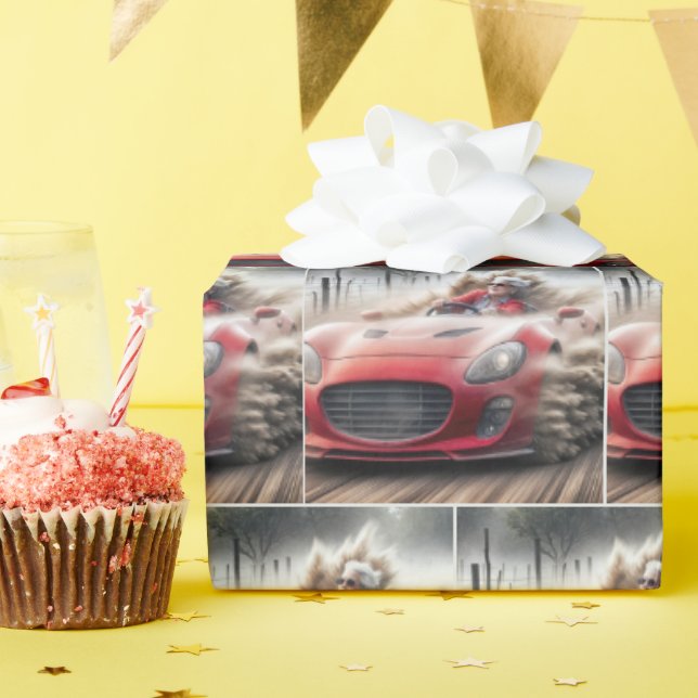 Old Lady Driving a Red Sports Car Wrapping Paper (Birthday Party)