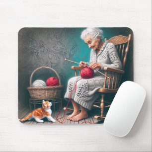 Old Lady Knitting Mouse Mat
