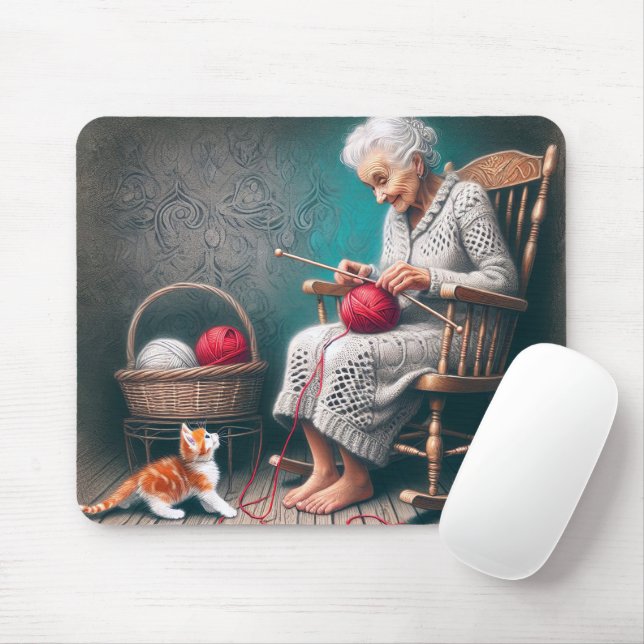 Old Lady Knitting Mouse Mat (With Mouse)