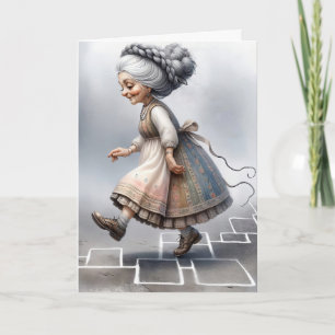 Old Lady On Hopscotch Grid Birthday Card