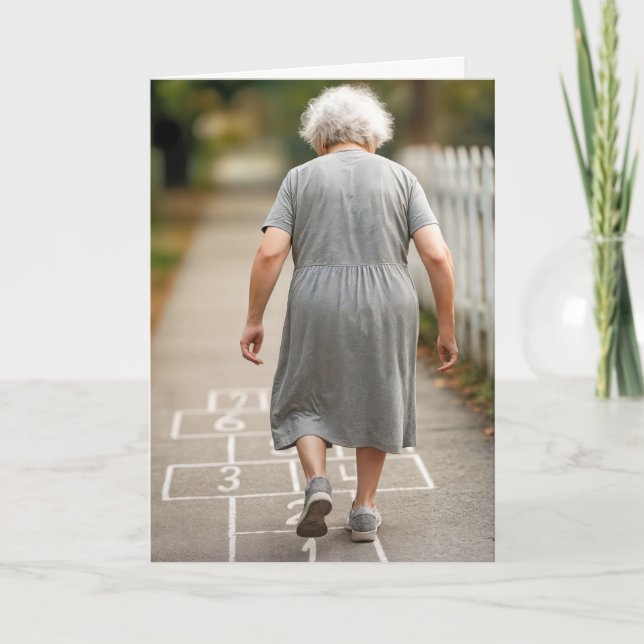 Old Lady Playing Hopscotch Birthday Humour Card (Front)