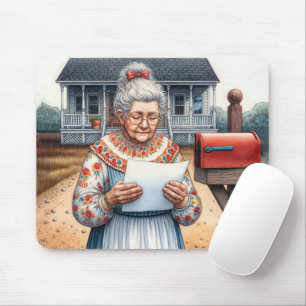 Old Lady Reading a Letter By a Mailbox Mouse Mat