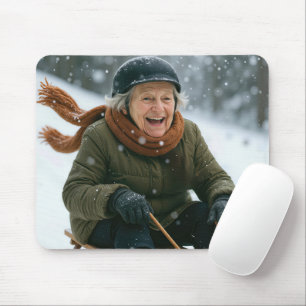 Old Lady Sledding Downhill Mouse Mat