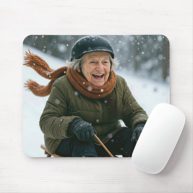 Old Lady Sledding Downhill Mouse Mat (With Mouse)