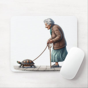 Old Lady Walking a Pet Turtle Mouse Mat