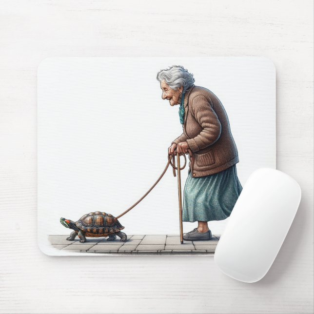 Old Lady Walking a Pet Turtle Mouse Mat (With Mouse)