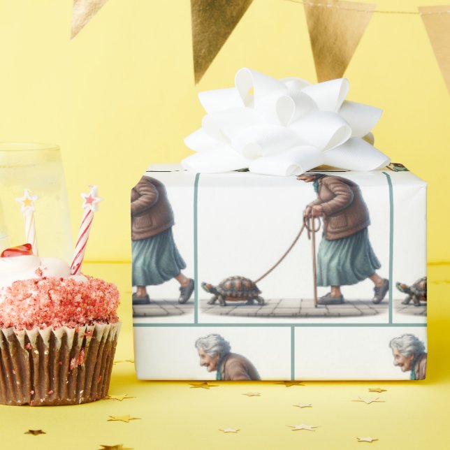 Old Lady Walking a Pet Turtle Wrapping Paper (Birthday Party)
