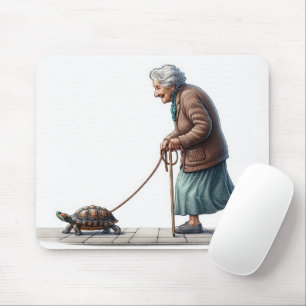 Old Lady Walking Her Turtle Mouse Mat