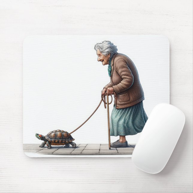 Old Lady Walking Her Turtle Mouse Mat (With Mouse)