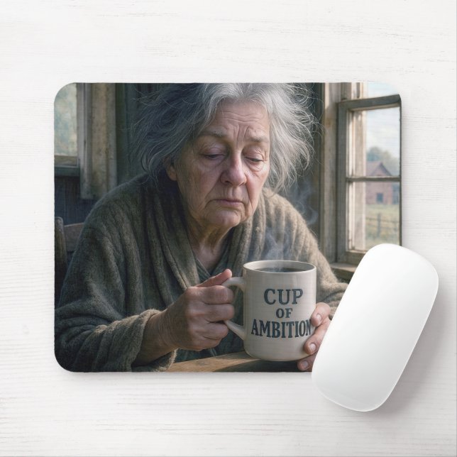Old Lady With Steaming Cup of Coffee Mouse Mat (With Mouse)
