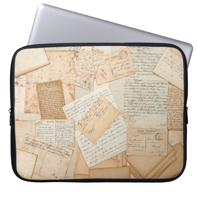 Old letters,  handwritings,  vintage postcards,  e laptop sleeve (Front)