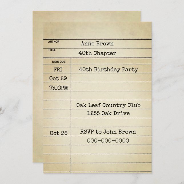 Old Library Card 40th Birthday Party (Front/Back)