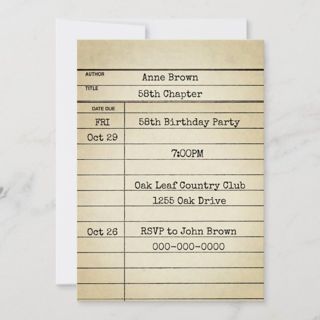 Old Library Card 58th Birthday Party (Front)
