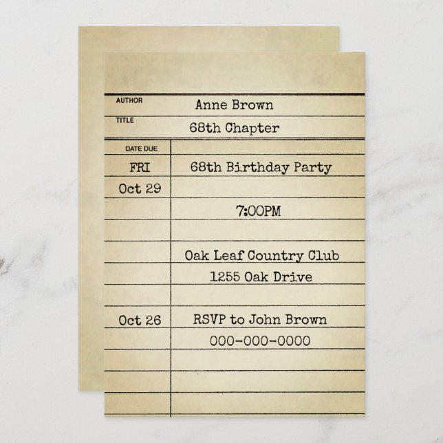Old Library Card 68th Birthday Party (Front/Back)