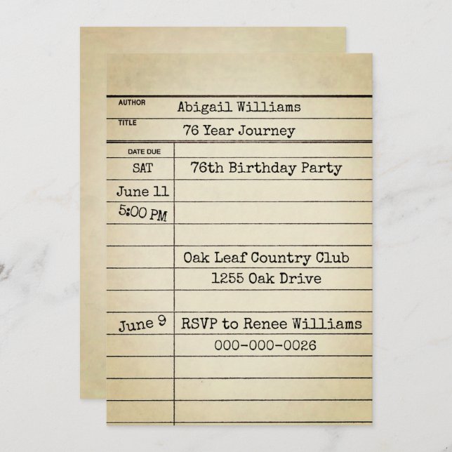 Old Library Card 76th Birthday Party (Front/Back)