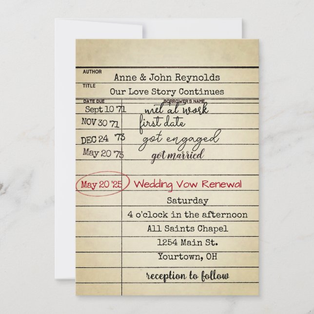 Old Library Card Wedding Vow Renewal  (Front)