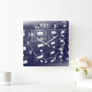Old library drawers square wall clock