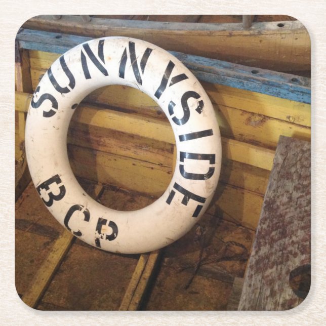 Old Life Preserver In An Abandoned Cannery Square Paper Coaster (Front)