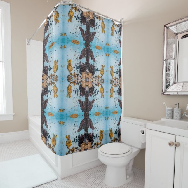 Old light blue and brown wall large pattern shower curtain (In Situ)