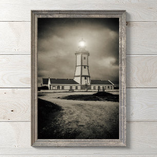 Old lighthouse on a storm night photo print