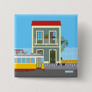 Old Lisbon house with cats  and yellow tram 15 Cm Square Badge