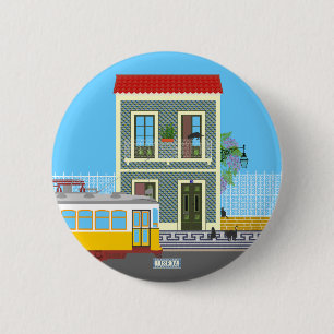 Old Lisbon house with cats  and yellow tram 6 Cm Round Badge