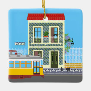 Old Lisbon house with cats and yellow tram Ceramic Ornament