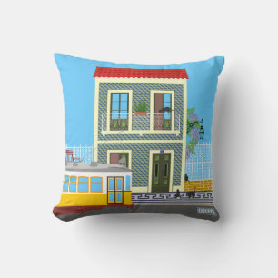 Old Lisbon house with cats and yellow tram Cushion