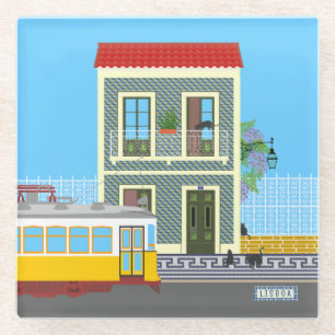 Old Lisbon house with cats  and yellow tram Glass Coaster