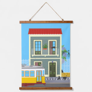 Old Lisbon house with cats and yellow tram Hanging Tapestry