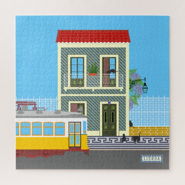 Old Lisbon house with cats  and yellow tram Jigsaw Puzzle (Vertical)
