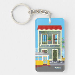 Old Lisbon house with cats  and yellow tram Key Ring