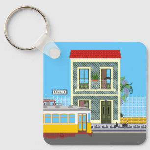 Old Lisbon house with cats  and yellow tram Key Ring