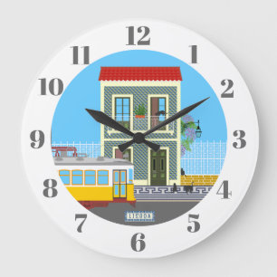 Old Lisbon house with cats  and yellow tram Large Clock