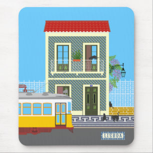 Old Lisbon house with cats  and yellow tram Mouse Mat