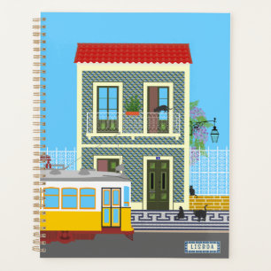 Old Lisbon house with cats and yellow tram Planner