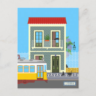 Old Lisbon house with cats  and yellow tram Postcard
