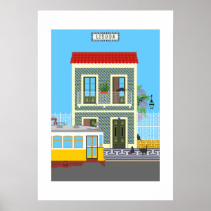 Old Lisbon house with cats  and yellow tram Poster