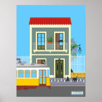 Old Lisbon house with cats and yellow tram