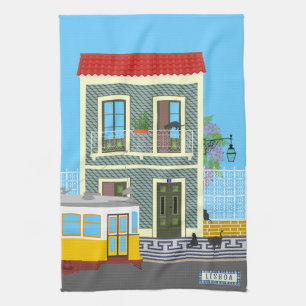 Old Lisbon house with cats  and yellow tram Tea Towel