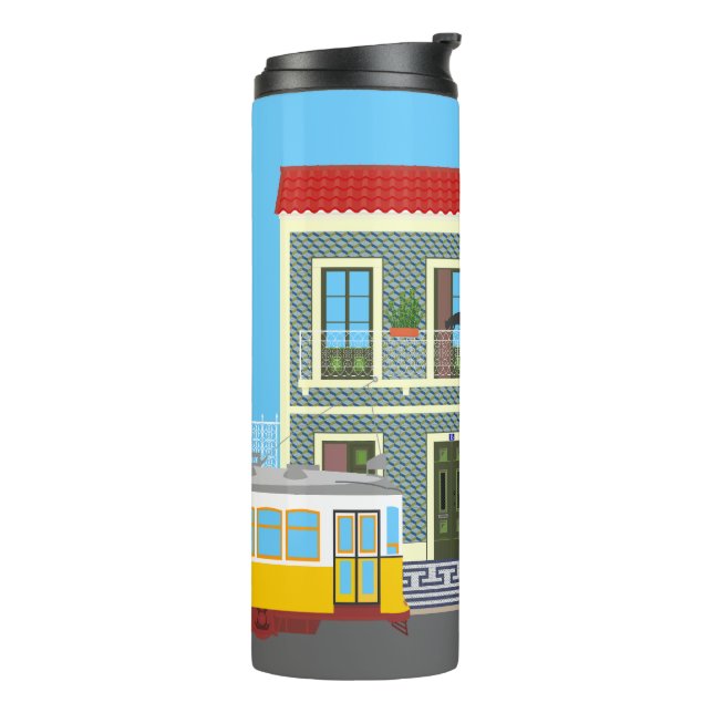 Old Lisbon house with cats  and yellow tram Thermal Tumbler (Rotated Left)