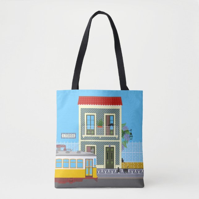 Old Lisbon house with cats  and yellow tram Tote Bag (Front)