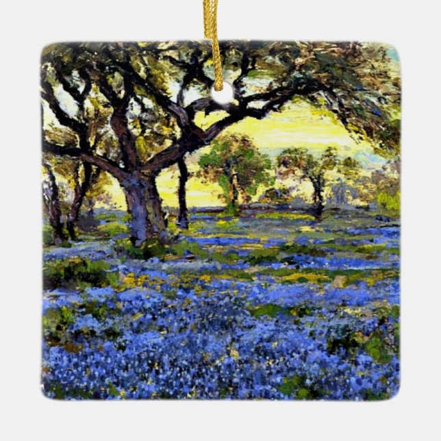 Old Live Oak Tree and Bluebonnets Ceramic Ornament (Front)