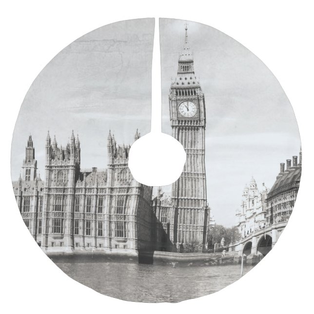 Old London, black and white. Brushed Polyester Tree Skirt (Front)