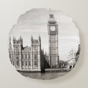 Old London, black and white. Round Cushion