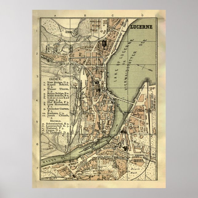 Old Lucerne Switzerland Map (1887)  Poster (Front)